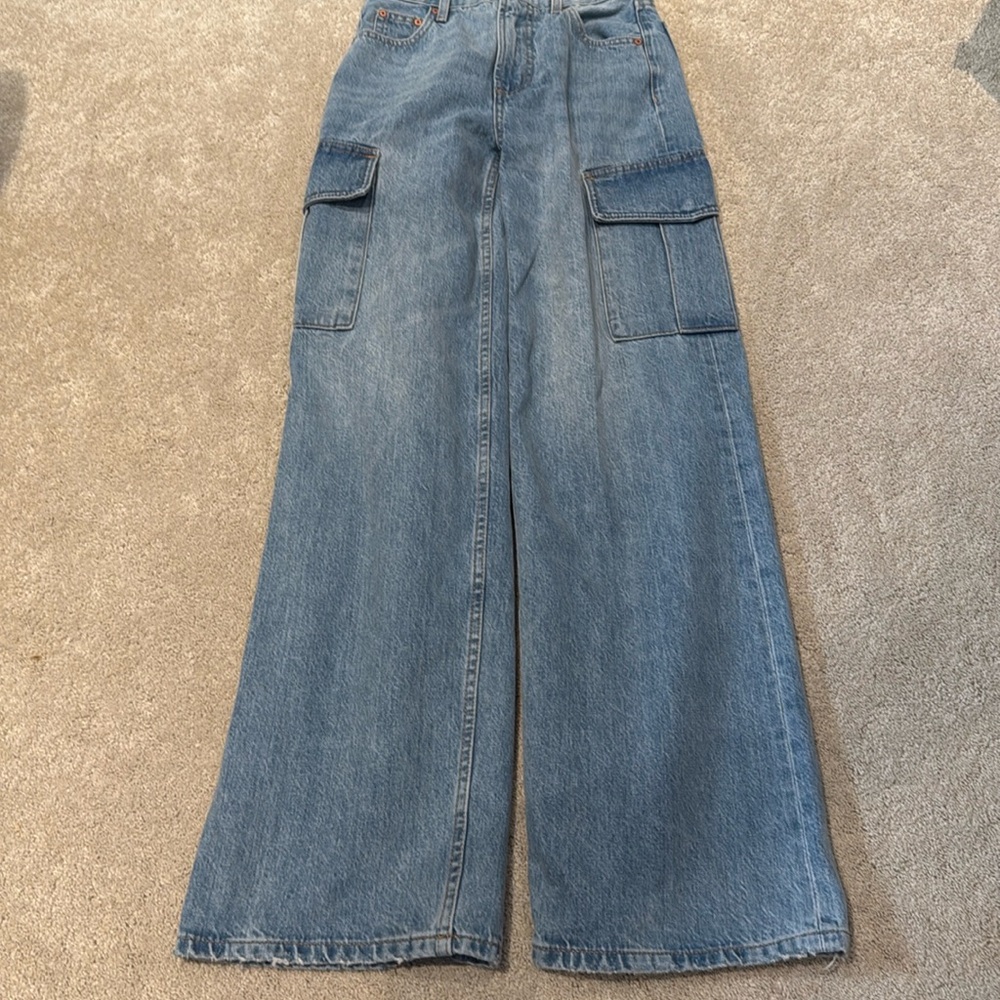 Denim Forum Farrah Hi Rise wide leg cargo jean size 23